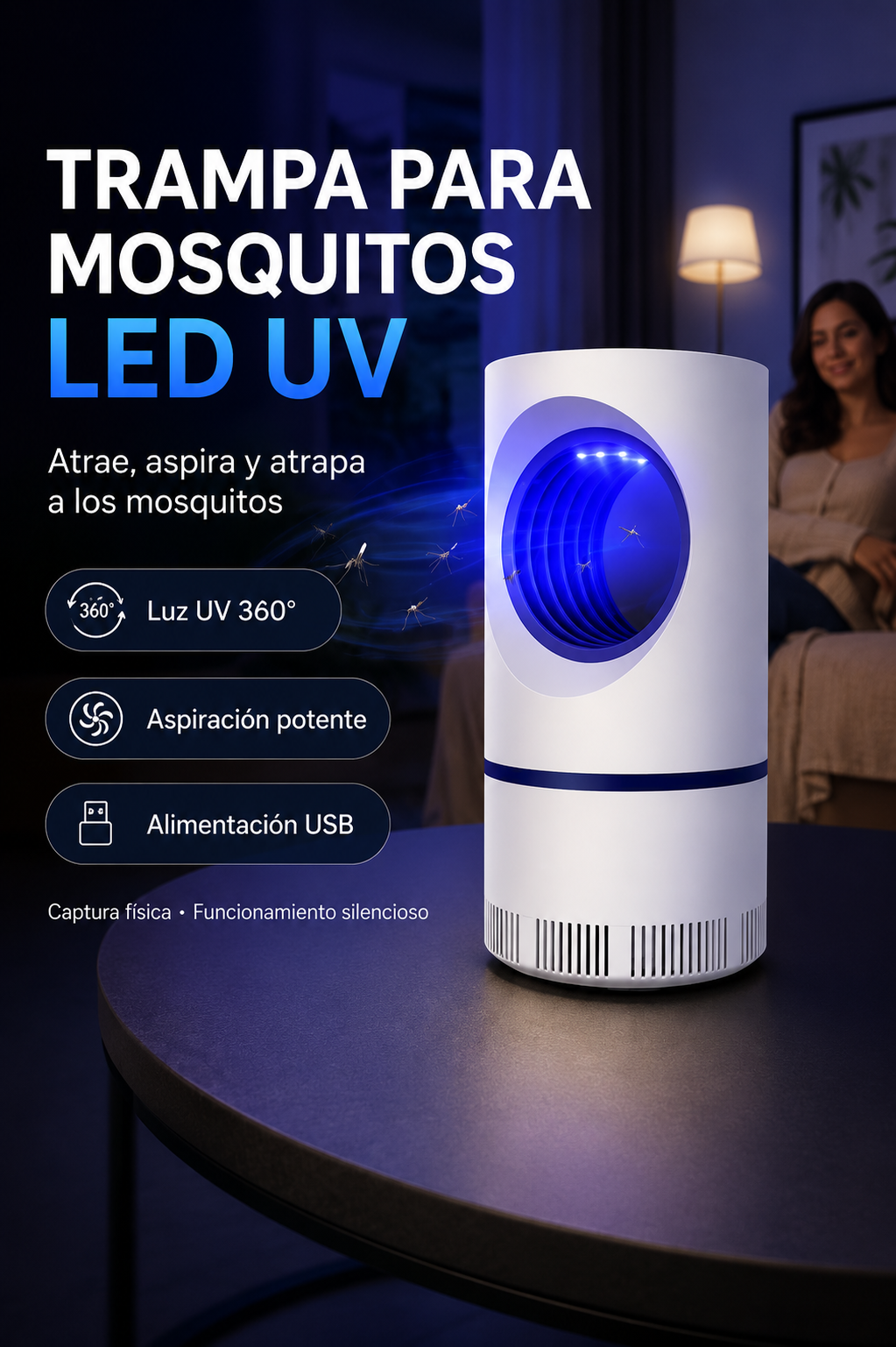 Lámpara Antimosquitos LED UV con Sistema de Succión USB