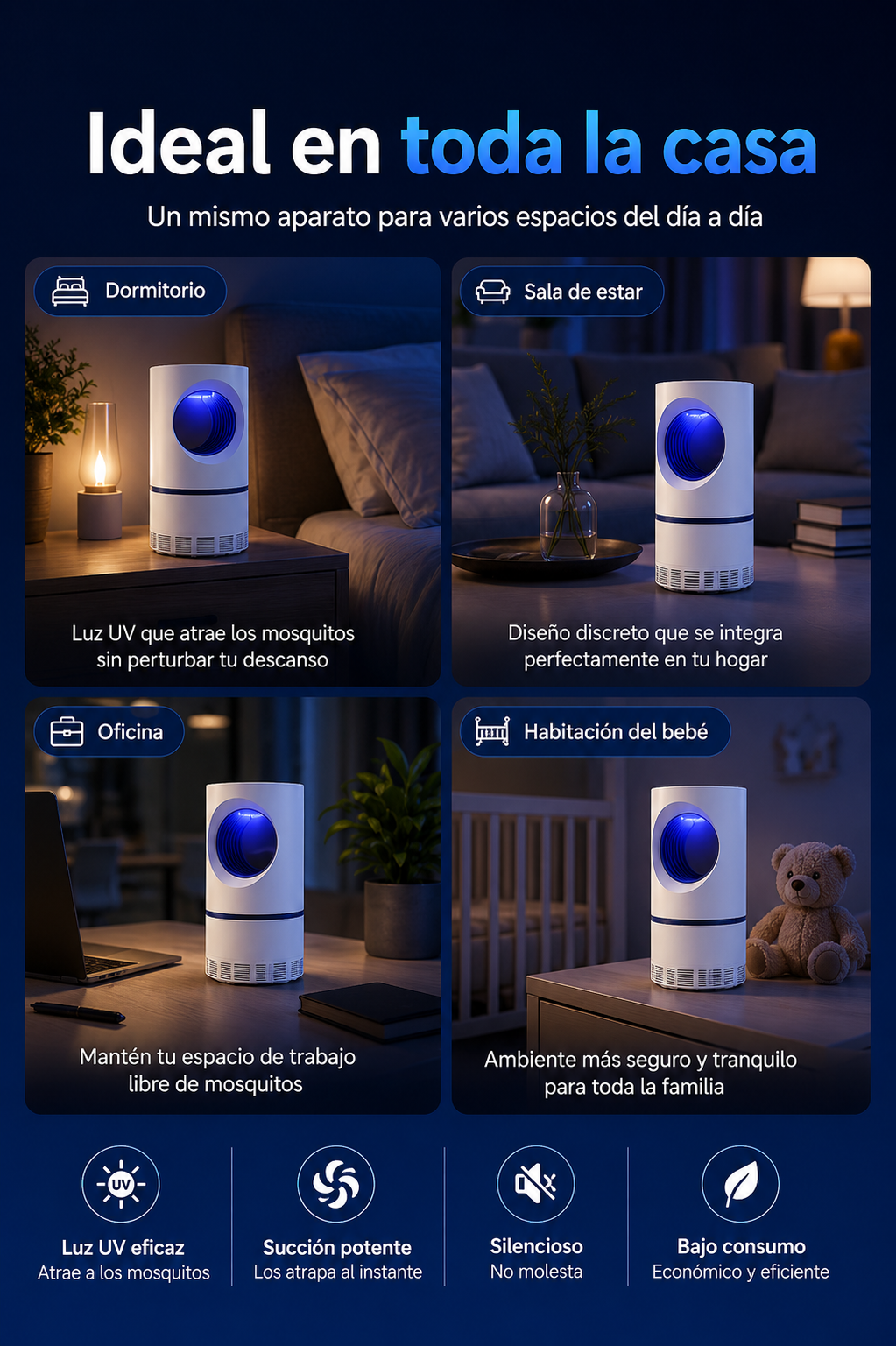 Lámpara Antimosquitos LED UV con Sistema de Succión USB